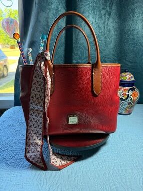 Dooney & Bourke Red Pebbled Leather Tote with Brown Handles 11x8